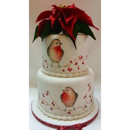 Новогодний торт "Снегири и красный цветок"