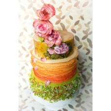 Торт "Нарисованные цветы и зелень"